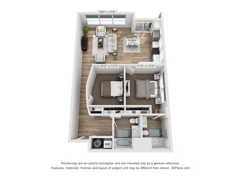 A 3D floor plan of a small apartment with a kitchen, living room, and bedroom.
